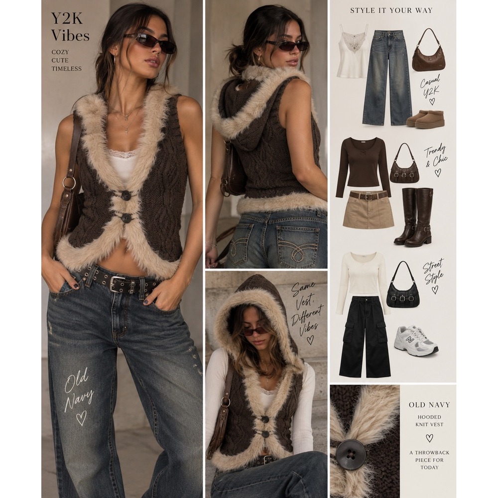 Y2K Old Navy Brown Cable Knit Faux Fur Hooded Sweater Vest size Medium